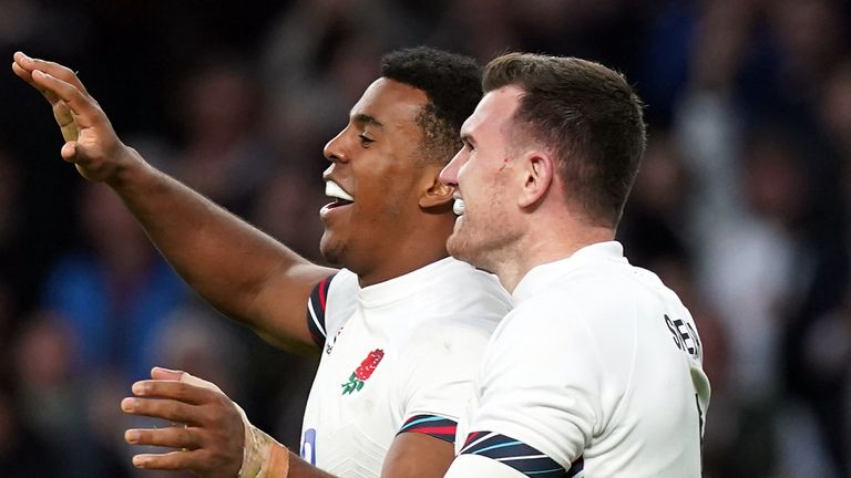 England's Immanuel Feyi-Waboso celebrates scoring their first try during the Autumn international match at the Allianz Stadium, Twickenham. Picture date: Saturday November 2, 2024. 