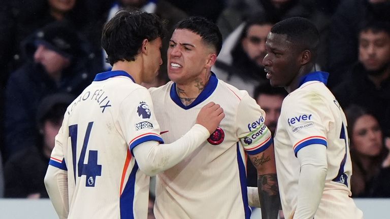 Enzo Fernandez (centre) celebrates scoring the second goal with Joao Felix and Moises Caicedo