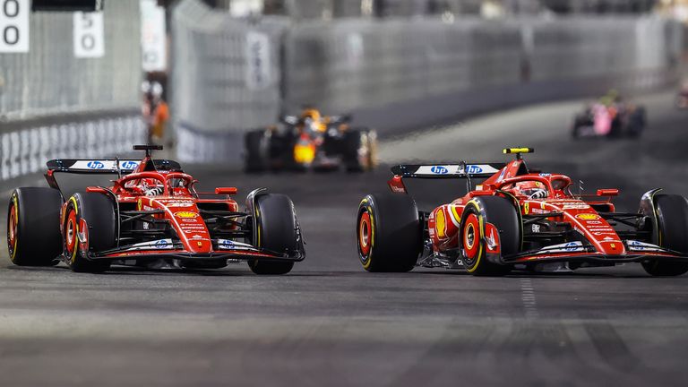 STREETS OF LAS VEGAS, UNITED STATES OF AMERICA - NOVEMBER 23: Carlos Sainz, Ferrari SF-24, leads Charles Leclerc, Ferrari SF-24 during the Las Vegas GP at Streets of Las Vegas on Saturday November 23, 2024, United States of America. (Photo by Andy Hone / LAT Images)