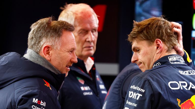 LAS VEGAS, NV - NOVEMBER 21: Max Verstappen (1) Oracle Red Bull Racing speaks with team principal Christian Horner during free practice 2 ahead of the Formula 1 Heineken Silver Las Vegas Grand Prix on the Las Vegas Strip Circuit on November 21, 2024 in Las Vegas, Nevada. (Photo by Jeff Speer/Icon Sportswire) (Icon Sportswire via AP Images)