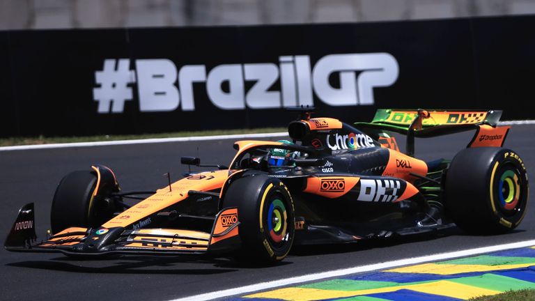 McLaren driver Oscar Piastri, of Australia, steers his car during the first free practice ahead of the Brazilian Formula One Grand Prix, at the Interlagos racetrack in Sao Paulo, Brazil, Friday, Nov. 1, 2024. (AP Photo/Ettore Chiereguini)