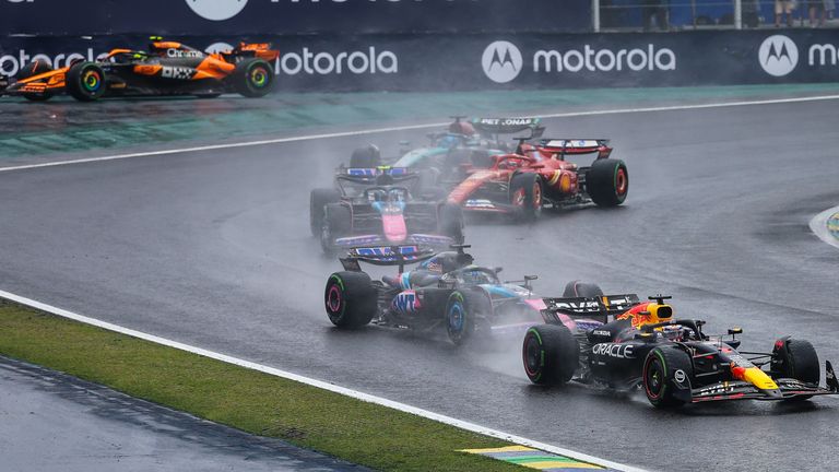 Max Verstappen takes the lead as Lando Norris runs wide during the 2024 Sao Paulo GP (Kim Illman)