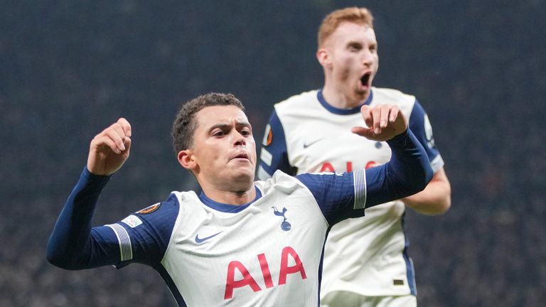 Tottenham's Brennan Johnson celebrates after scoring his side's second goal against Roma