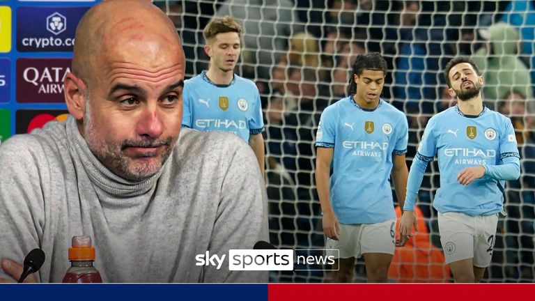 Manchester City's Bernardo Silva, second right, reacts after Feyenoord scored their third goal during the Champions League opening phase soccer match between Manchester City and Feyenoord at the Etihad Stadium in Manchester, England, Tuesday, Nov. 26, 2024.