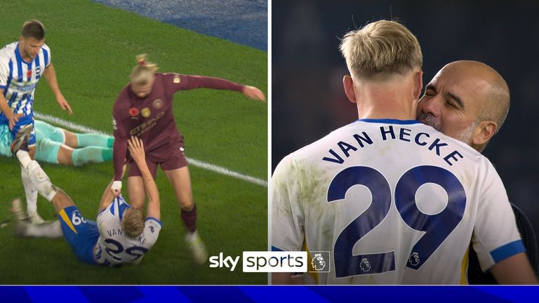 Erling Haaland tangled with Jan Paul van Hecke towards the end of Manchester City's loss at Brighton, while Pep Guardiola had an animated conversation with the defender after the game.