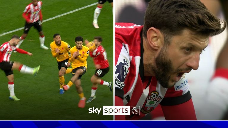 Adam Armstrong's attempted clearance comically hit his own Southampton teammate Adam Lallana flush in the face!