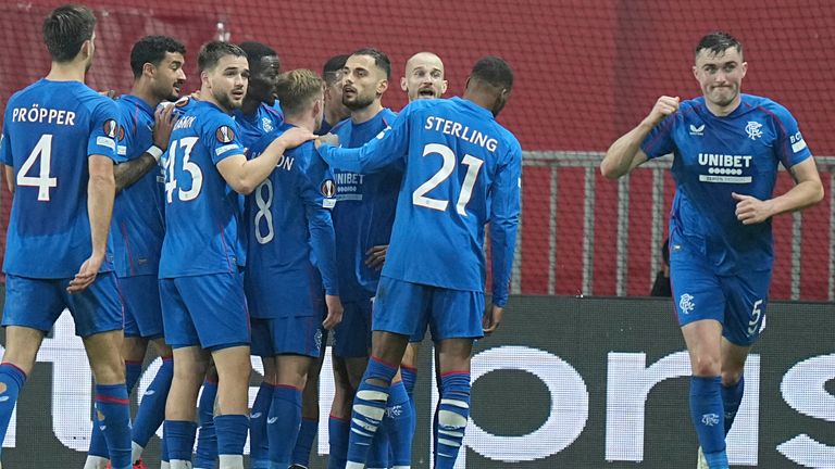 Rangers' players celebrates after Vaclav Cerny scored the opening goal against Nice