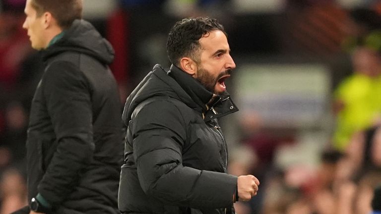 Manchester United manager Ruben Amorim celebrates their side's second goal of the game, scored by Rasmus Hojlund