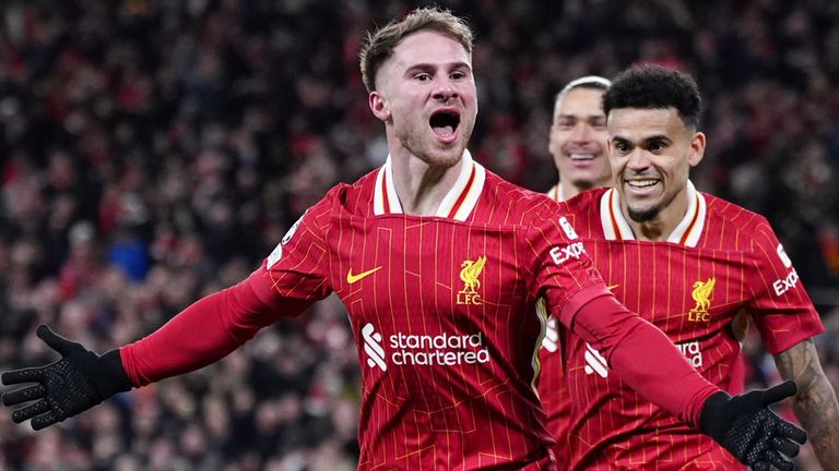 Liverpool's Alexis Mac Allister (centre) celebrates scoring a goal against Real Madrid