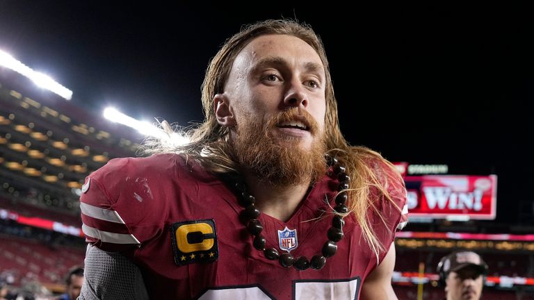 San Francisco 49ers tight end George Kittle leaves the field after an NFL football game against the Dallas Cowboys on Sunday, Oct. 27, 2024 in Santa Clara, California. (AP Photo/Tony Avelar)