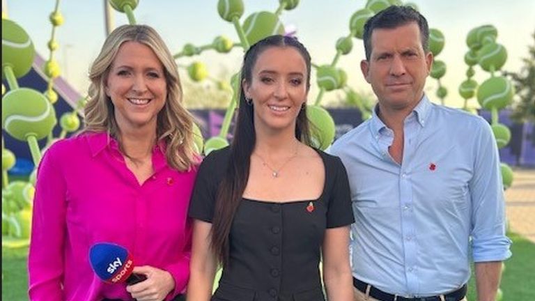 Gigi with Sky Sports Tennis experts Laura Robson and Tim Henman in Saudi Arabia