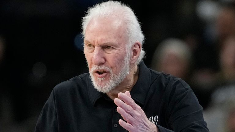 San Antonio Spurs head coach Gregg Popovich during the second half of a preseason NBA basketball game against the Orlando Magic in San Antonio, Wednesday, Oct. 9, 2024. (AP Photo/Eric Gay)