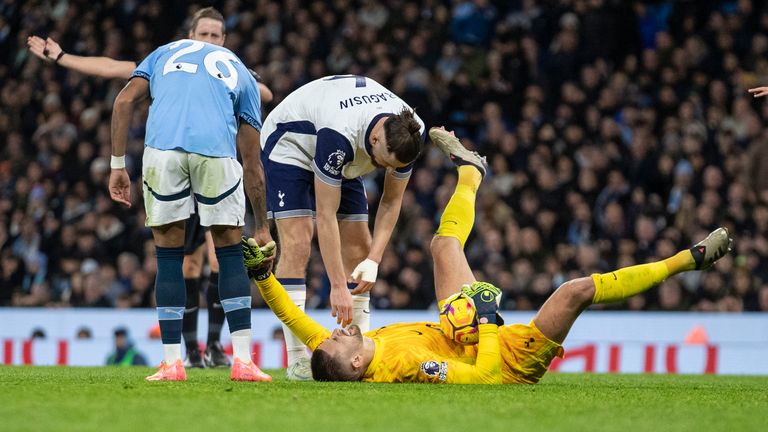 Guglielmo Vicario suffers an injury during Tottenham's win at Manchester City