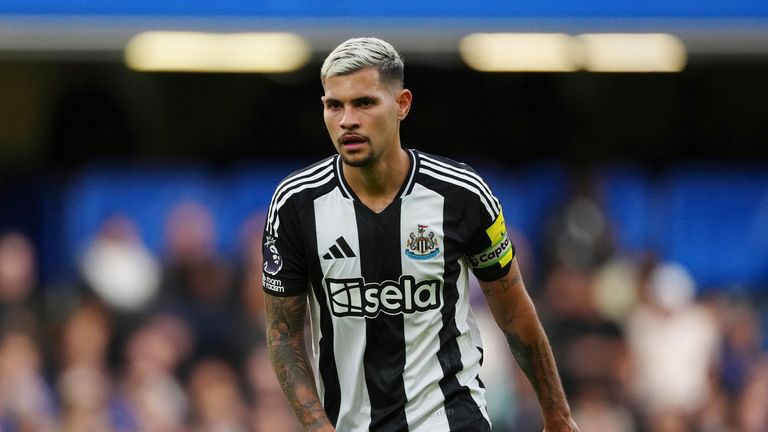 Newcastle's Bruno Guimaraes during the English Premier League soccer match between Chelsea and Newcastle at Stamford Bridge in London, Sunday, Oct. 27, 2024. (AP Photo/Dave Shopland)