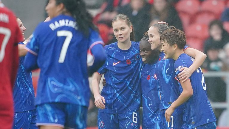 Chelsea's Guro Reiten (second right) celebrates with team-mates after scoring their second goal