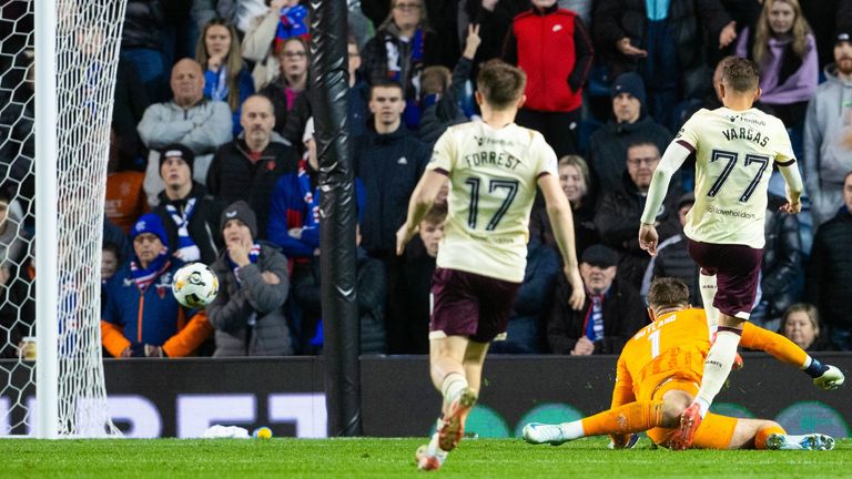 Hearts' Kenneth Vargas hit the post at Ibrox