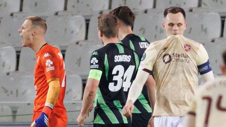 Hearts' Lawrence Shankland looks dejected after mist penalty during a soccer game between Belgian Cercle Brugge KSV and Scottish Heart of Midlothian FC, Thursday 28 November 2024 in Brugge, on day four of the League phase of the UEFA Conference League. BELGA PHOTO KURT DESPLENTER (Photo by KURT DESPLENTER / BELGA MAG / Belga via AFP)