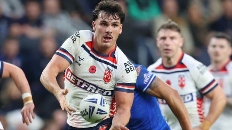 LEEDS, ENGLAND - NOVEMBER 2: England's Herbie Farnsworth in action during the Autumn International Series test match between England and Samoa at Headingley Stadium on November 2, 2024 in Leeds, England. (Photo by Ed Sykes/Getty Images)