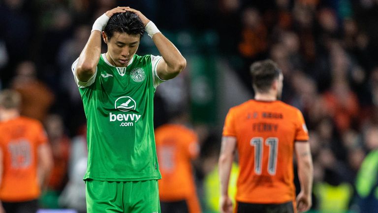 EDINBURGH, SCOTLAND - NOVEMBER 03: Hibernian's Kwon Hyeok-Kyu looks dejected at full time during a William Hill Premiership game between Hibernian and Dundee United at Easter Road, on November 03, 2024, in Edinburgh, Scotland. (Photo by Ross Parker / SNS Group)