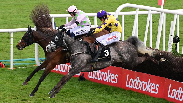 Il Etait Temps (yellow) and Gaelic Warrior (pink) in action at Punchestown