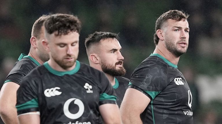 Ireland's Caelan Doris (centre) warms up ahead of the Autumn international match at Aviva Stadium, Dublin 