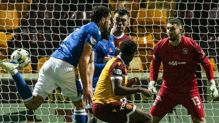 MOTHERWELL, SCOTLAND - NOVEMBER 09: St Johnstone's Jack Sanders scores before it is ruled out by VAR for a handball during a William Hill Premiership match between Motherwell and St Johnstone at Fir Park, on November 09, 2024, in Motherwell, Scotland. (Photo by Craig Foy / SNS Group)