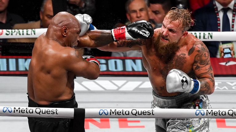 Texas , United States - 15 November 2024; Jake Paul, right, and Mike Tyson during their heavyweight bout at AT&T Stadium in Arlington, Texas, USA. (Photo By Stephen McCarthy/Sportsfile via Getty Images)