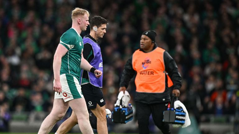 Dublin , Ireland - 23 November 2024; Jamie Osborne of Ireland leaves the pitch for a head injury assessment during the Autumn Nations Series match between Ireland and Fiji at the Aviva Stadium in Dublin. (Photo By Brendan Moran/Sportsfile via Getty Images)