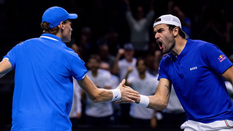 Jannik Sinner and Matteo Berrettini of Italy celebrate a point against Molteni Andres and Maximo Gonzalez of Argentina during the Davis Cup 2024 tennis match, Quarter Finals, played between Italy and Argentina at Martin Carpena Pavilion on November 21, 2024, in Malaga, Spain AFP7 21/11/2024 (Europa Press via AP)