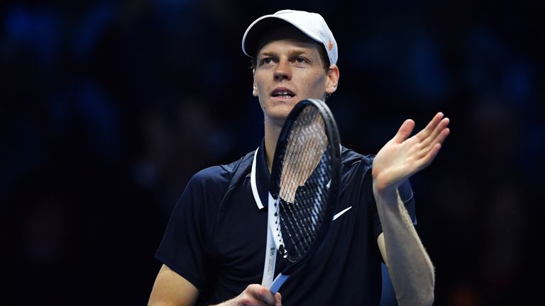 Jannik Sinner of Italy acknowledges the crowd following victory against Alex de Minaur of Australia during their Men's Singles Ilie Nastase Group Stage match during day one of the Nitto ATP finals 2024 at Inalpi Arena on November 10, 2024 in Turin, Italy. (Photo by Valerio Pennicino/Getty Images)