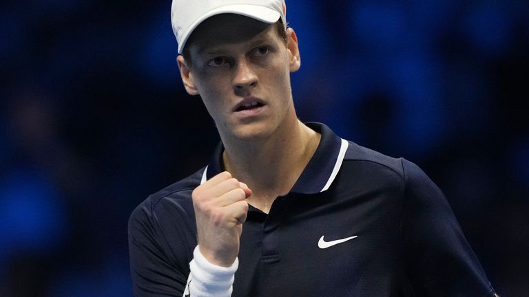 Italy's Jannik Sinner reacts during the singles tennis match of the ATP World Tour Finals against United States' Taylor Fritz, at the Inalpi Arena, in Turin, Italy, Tuesday, Nov. 12, 2024. (AP Photo/Antonio Calanni)