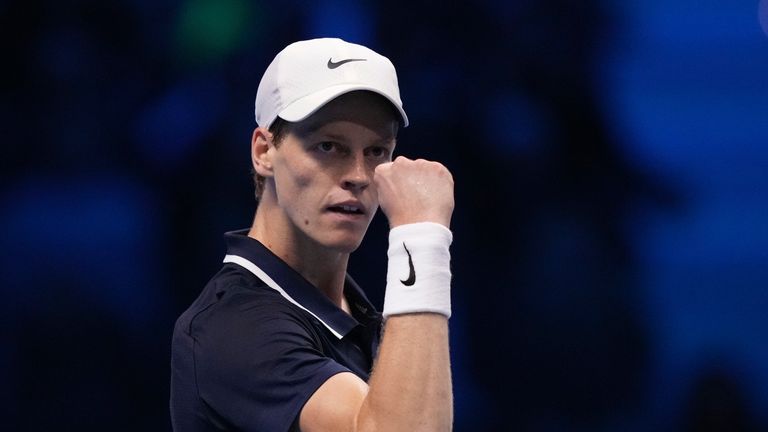 Italy's Jannik Sinner reacts during the singles tennis match of the ATP World Tour Finals against Russia's Daniil Medvedev, at the Inalpi Arena, in Turin, Italy, Thursday, Nov. 14, 2024. (AP Photo/Antonio Calanni)