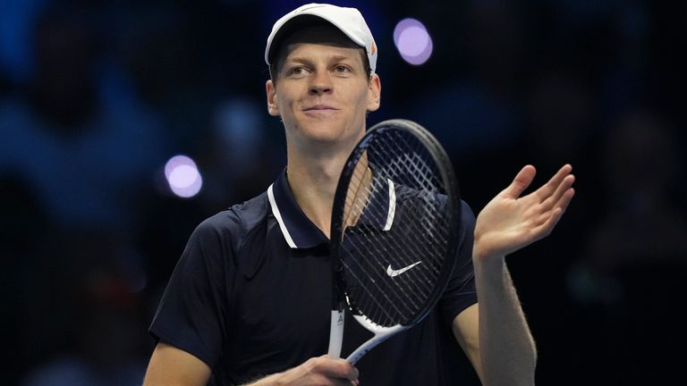 Italy's Jannik Sinner reacts after winning during the semifinal tennis match of the ATP World Tour Finals against Norway's Casper Ruud at the Inalpi Arena in Turin, Italy, Saturday, November 16, 2024. (AP Photo/Antonio Calanni)