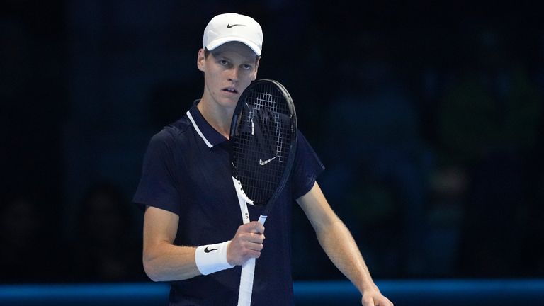 Italy's Jannik Sinner reacts during the final match of the ATP World Tour Finals against Taylor Fritz of the United States at the Inalpi Arena, in Turin, Italy, Sunday, Nov. 17, 2024. (AP Photo/Antonio Calanni)