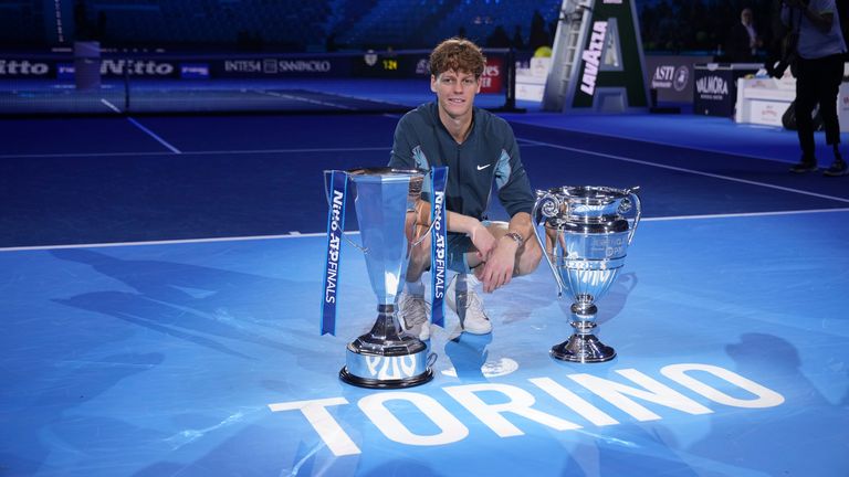 Italy's Jannik Sinner poses after winning the final match of the ATP World Tour Finals against Taylor Fritz of the United States at the Inalpi Arena, in Turin, Italy, Sunday, Nov. 17, 2024. (AP Photo/Antonio Calanni)