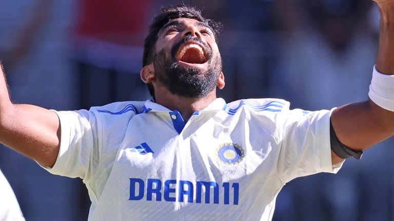 India's captain Jasprit Bumrah celebrates the wicket of Australia's Steve Smith on the first day of the first cricket test between Australia and India in Perth, Australia, Friday, Nov. 22, 2024. (AP Photo/Trevor Collens) 