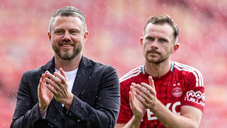 ABERDEEN, SCOTLAND - JULY 27: Aberdeen Manager Jimmy Thelin at full time during a Premier Sports Cup group stage match between Aberdeen and Dumbarton at Pittodrie Stadium, on July 27, 2024, in Aberdeen, Scotland.  (Photo by Craig Williamson / SNS Group)