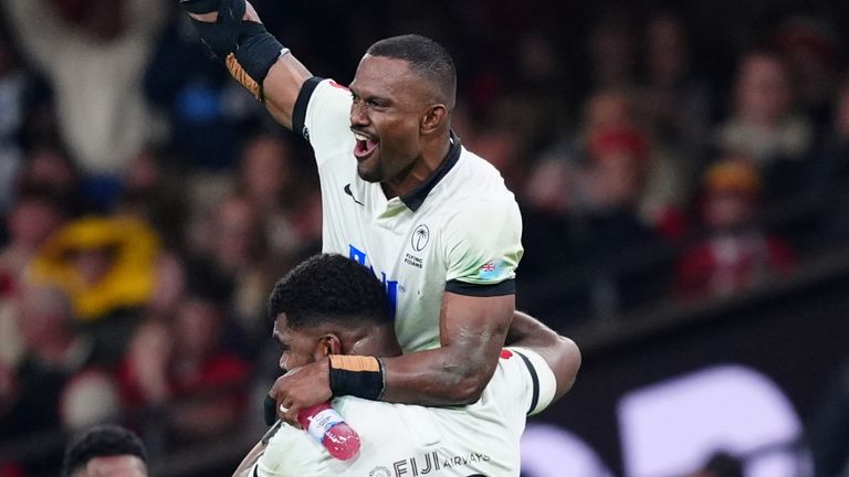 Jiuta Wainiqolo celebrates Fiji's win, their first Test victory over Wales in Cardiff 