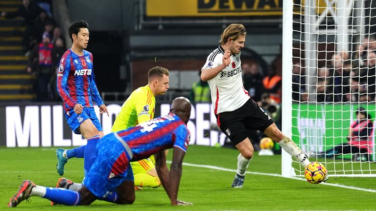 Fulham's Joachim Andersen clears the ball off the goal line