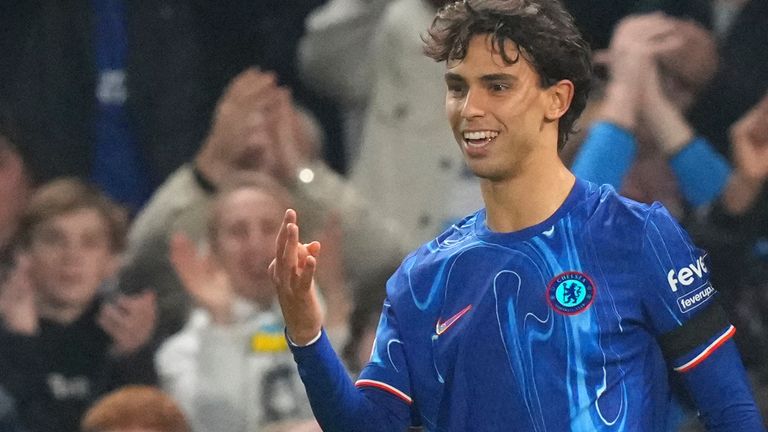 Chelsea's Joao Felix celebrates scoring his side's fourth goal during the Europa Conference League opening phase soccer match between Chelsea and FC Noah at Stamford Bridge stadium in London Thursday, Nov. 7, 2024. (AP Photo/Frank Augstein)