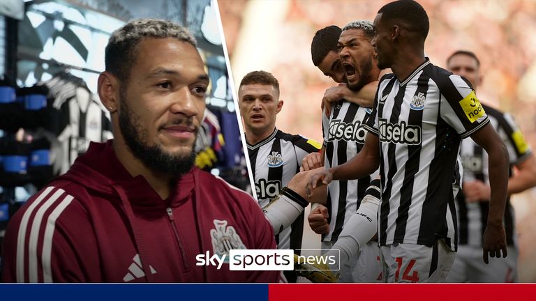 Joelinton dari Newcastle United (kedua kanan) merayakan bersama rekan satu timnya setelah umpannya diubah menjadi gawangnya sendiri oleh pemain Sunderland Daniel Ballard (tidak digambarkan) untuk gol pertama pertandingan tersebut pada pertandingan Putaran Ketiga Piala FA Emirates di Stadium of Light, Sunderland. Tanggal gambar: Sabtu 6 Januari 2024.