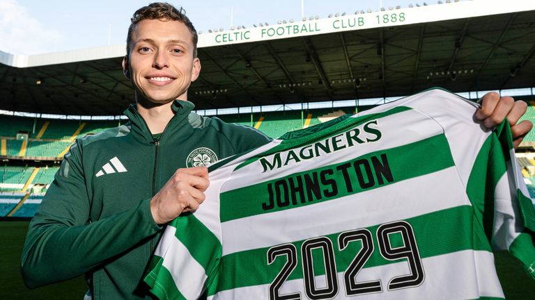 GLASGOW, SCOTLAND - NOVEMBER 22: Celtic's Alistair Johnston is pictured during a Celtic press conference to announce the extension of his contract until the summer of 2029 at Celtic Park, on November 22, 2024, in Glasgow, Scotland. (Photo by Craig Williamson / SNS Group)