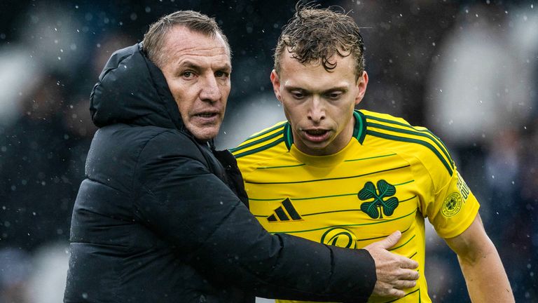 PAISLEY, SCOTLAND - AUGUST 25: Celtic Manager Brendan Rodgers and Celtic...s Alistair Johnston at Full Time during a William Hill Premiership match between St Mirren and Celtic at the SMiSA Stadium, on August 25, 2024, in Paisley, Scotland. (Photo by Craig Williamson / SNS Group)