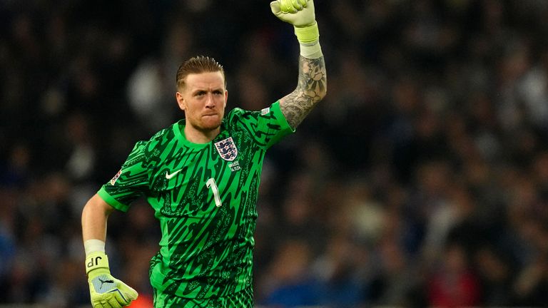 Jordan Pickford celebrates England's victory in Athens