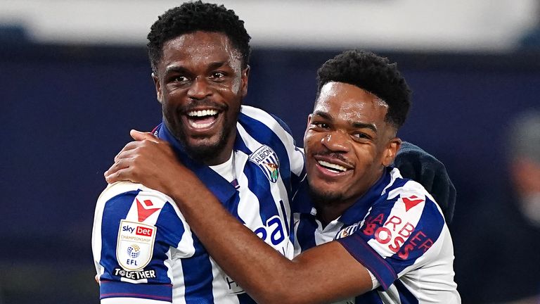 Josh Maja (left) celebrates scoring for West Brom against Luton with team-mate Grady Diangana