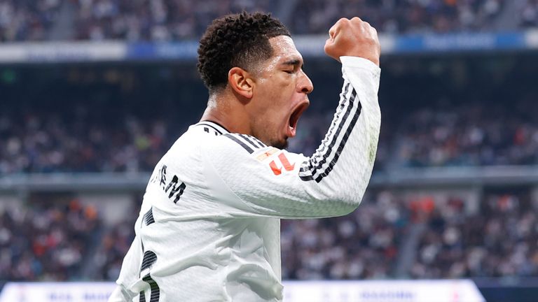 Jude Bellingham of Real Madrid celebrates a goal during the Spanish League, LaLiga EA Sports, football match played between Real Madrid and CA Osasuna at Santiago Bernabeu stadium on November 9, 2024, in Madrid, Spain. AFP7 09/11/2024 (Europa Press via AP)