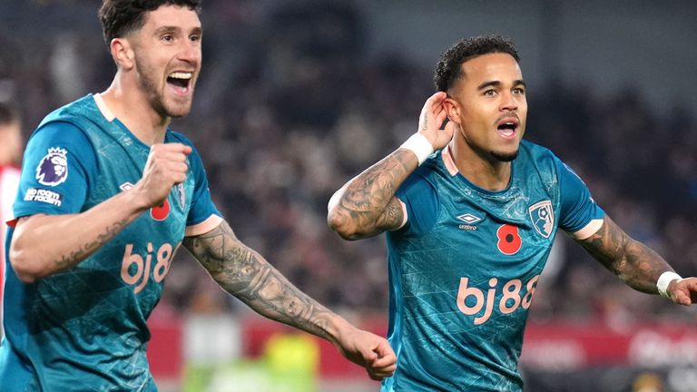 Bournemouth's Justin Kluivert (right) celebrates scoring their second goal of the game