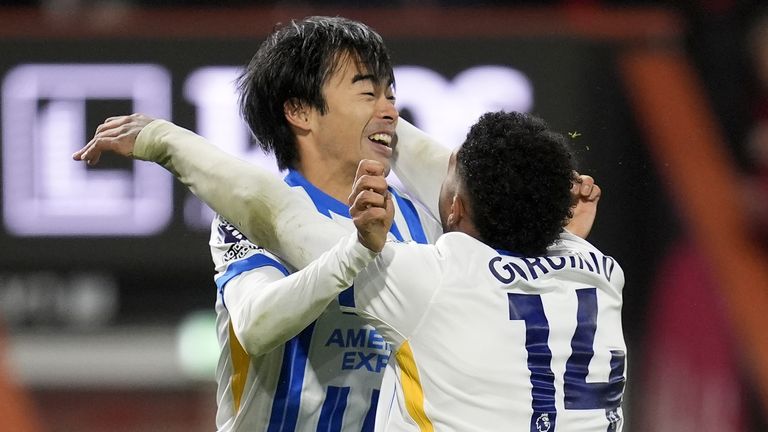 Kaoru Mitoma celebrates scoring Brighton's second goal of the game