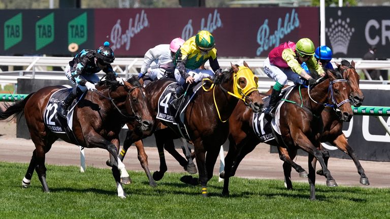 Knight's Choice, second right, races to the finish line to win the Melbourne Cup from Warp Speed