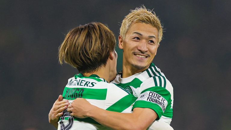 Kyogo and Maeda celebrate Celtic's win against Aberdeen 